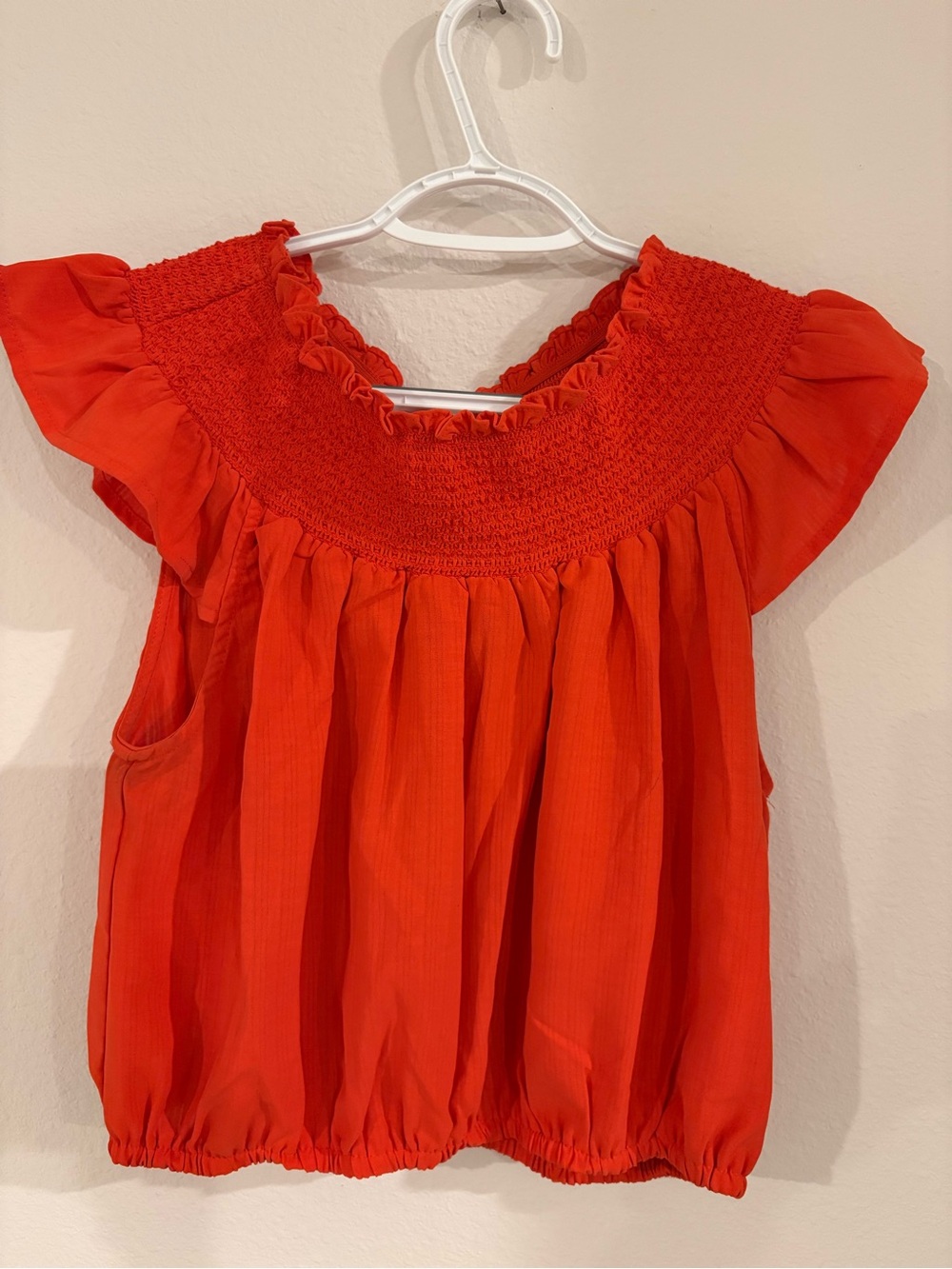 Krush Bright Red Smocked Flutter Sleeve Blouse